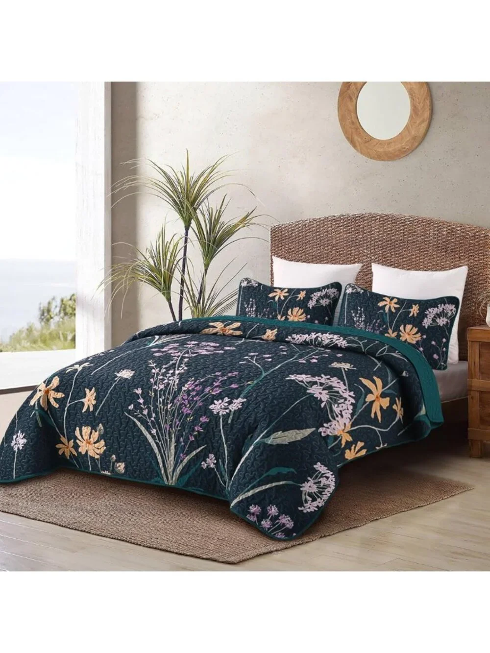 King Size Floral Quilt Set - Dark Green Botanical Bedspread for Cozy Bedrooms